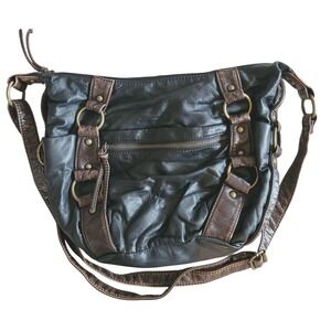 Bueno Black‎ Hobo Tote Bag Crossbody Purse Bronze Everyday Vtg Y2K Faux Leather